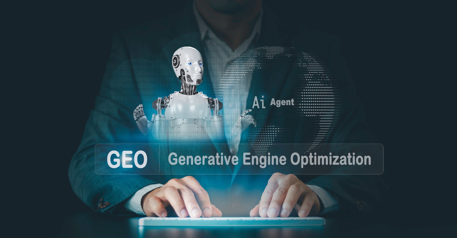 Concepto de optimización de motores generativos GEO. Los empresarios utilizan IA con agentes e íconos en sitios web para posicionar los motores de búsqueda. La búsqueda se realiza con asistentes de inteligencia artificial, tecnología de datos de internet.